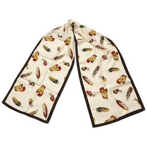 Talbots Silk Scarf Feathers Pattern on Cream Brown Border 12 x 58" Fall Colors